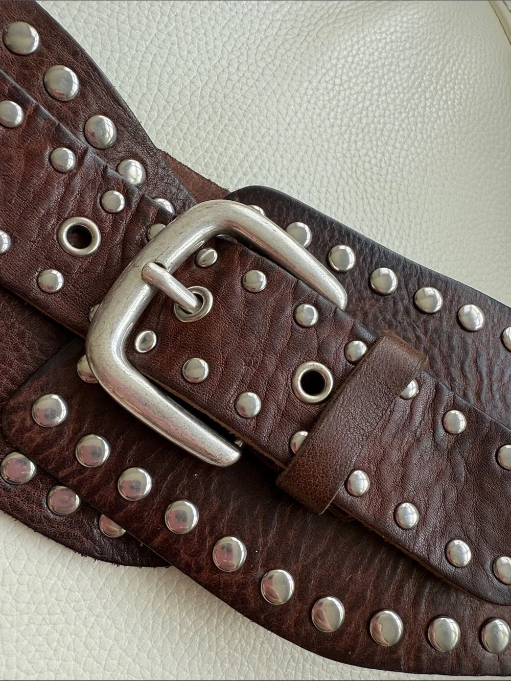 Zara Dark Brown Studded Wide Leather Belt with Silver Hardware